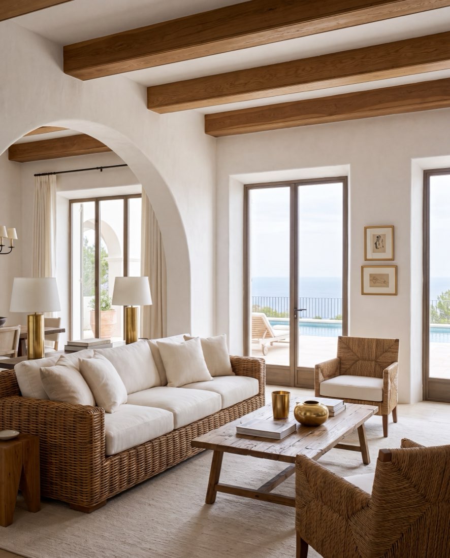 A serene Spanish villa living room with a sea view