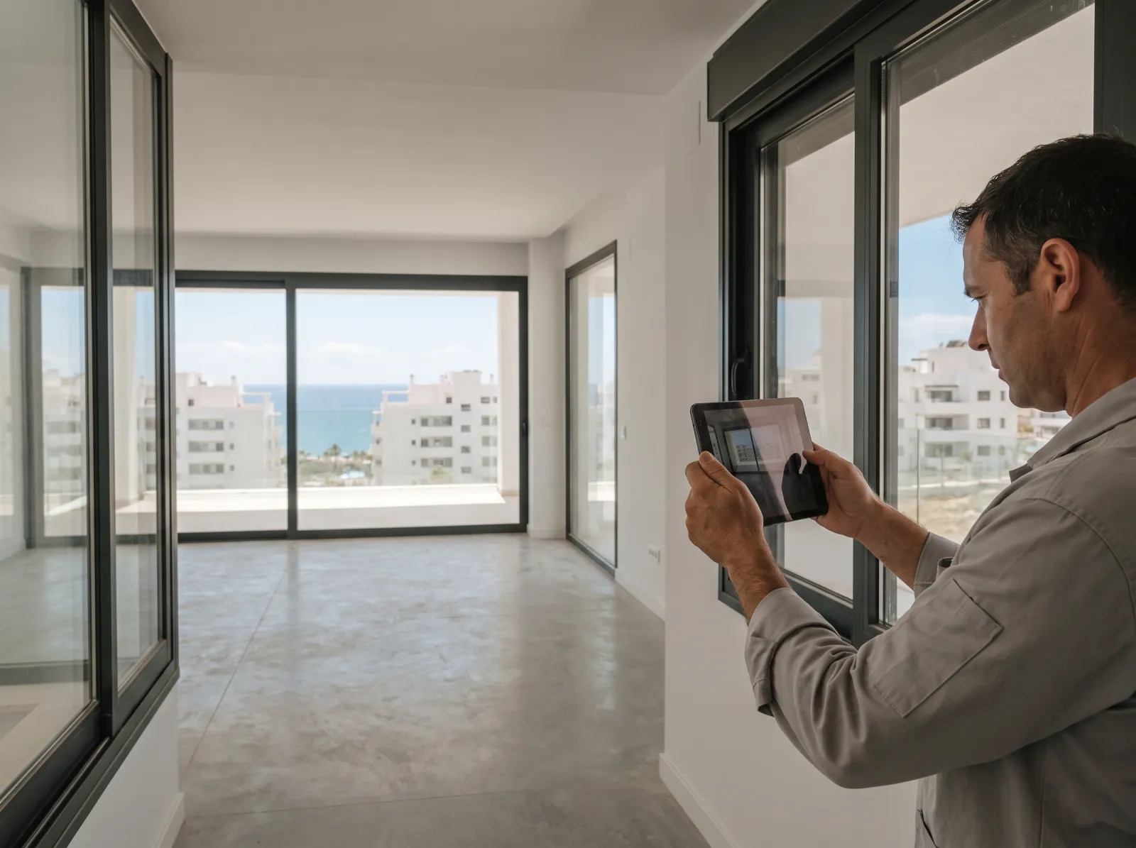 An inspector photographs a window frame in a new flat in Estepona with a sea view