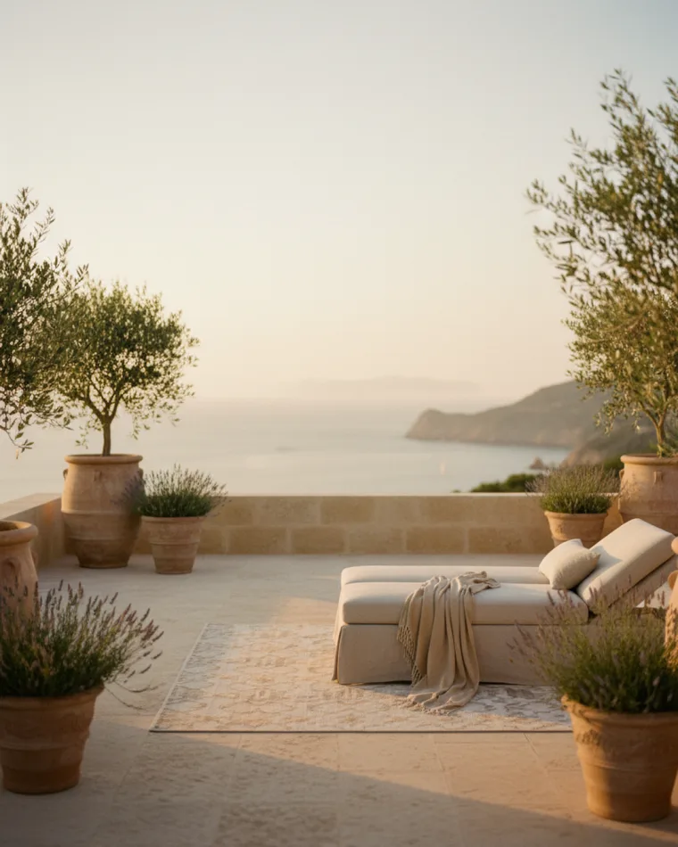 Stone terrace with olive trees overlooking the Mediterranean at golden hour