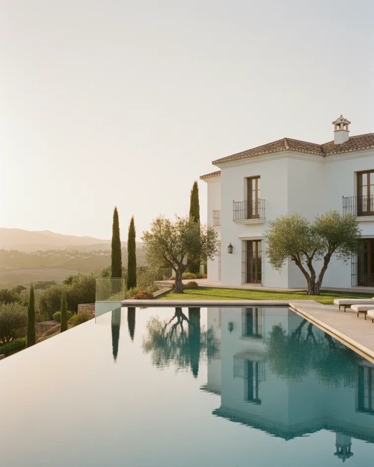 Andalusian villa at dusk, an infinity pool mirroring the house