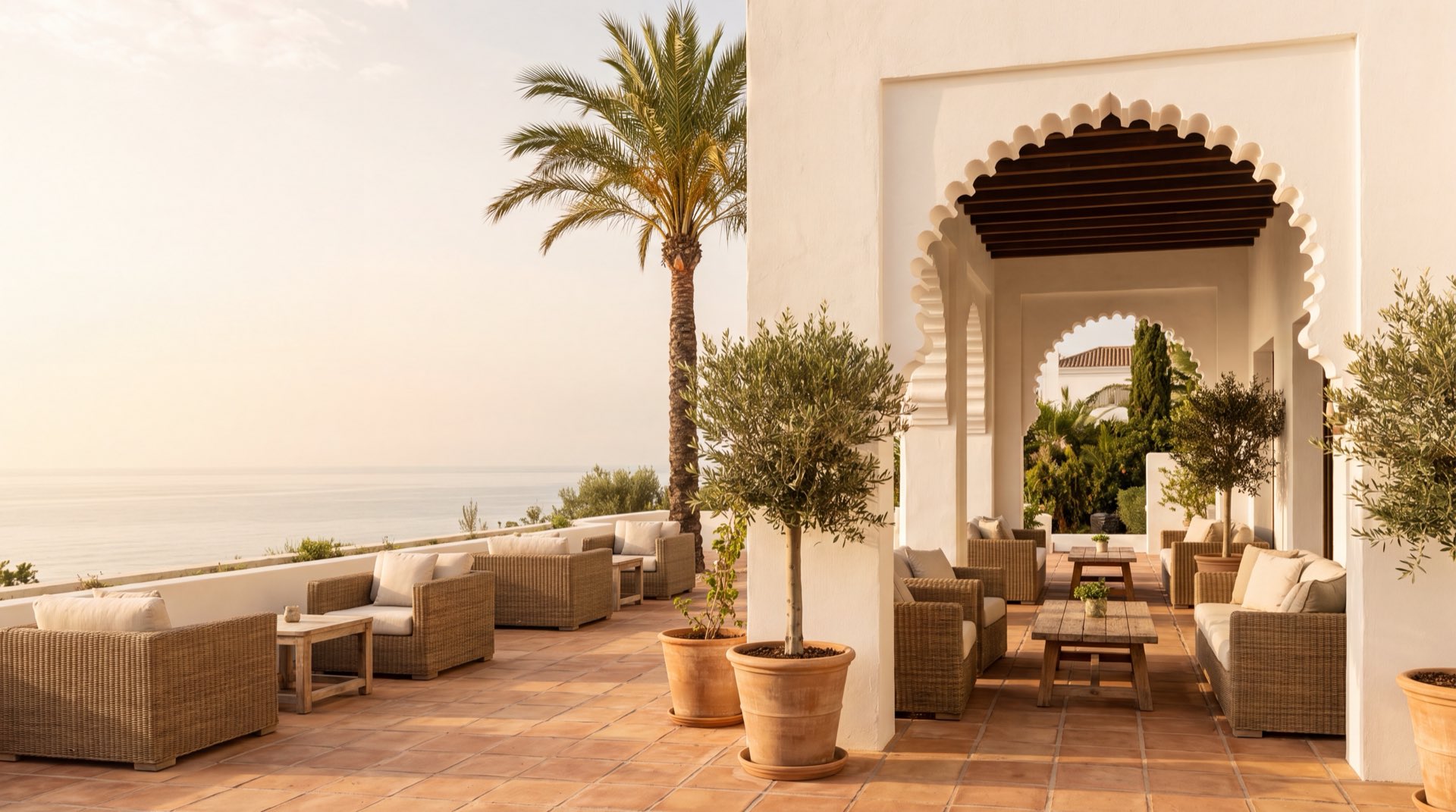 A villa terrace with Moorish arches, olive trees and a sea view on the Costa del Sol